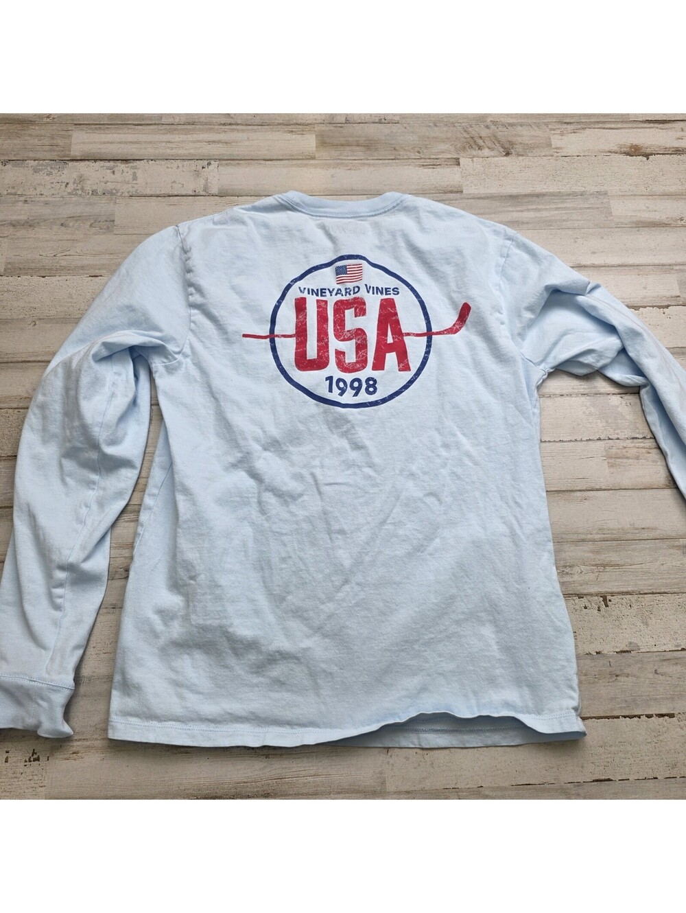 Vineyard Vines Unisex Blue Long Sleeve Pocket Tee Whale Hockey Graphic S